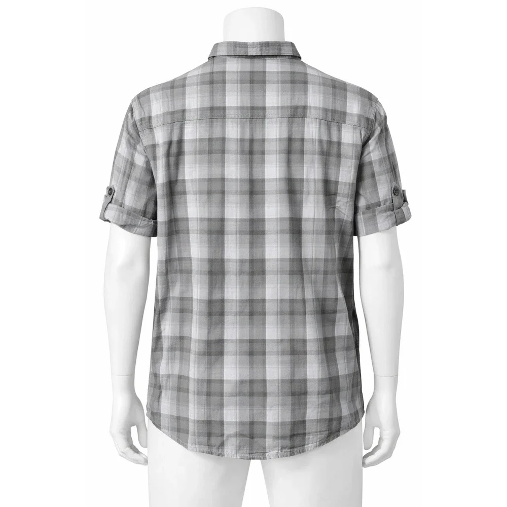J Ferrar Mens 2XL Tall Shirt Gray Plaid Short Sleeve Button Down Cotton Big Tall